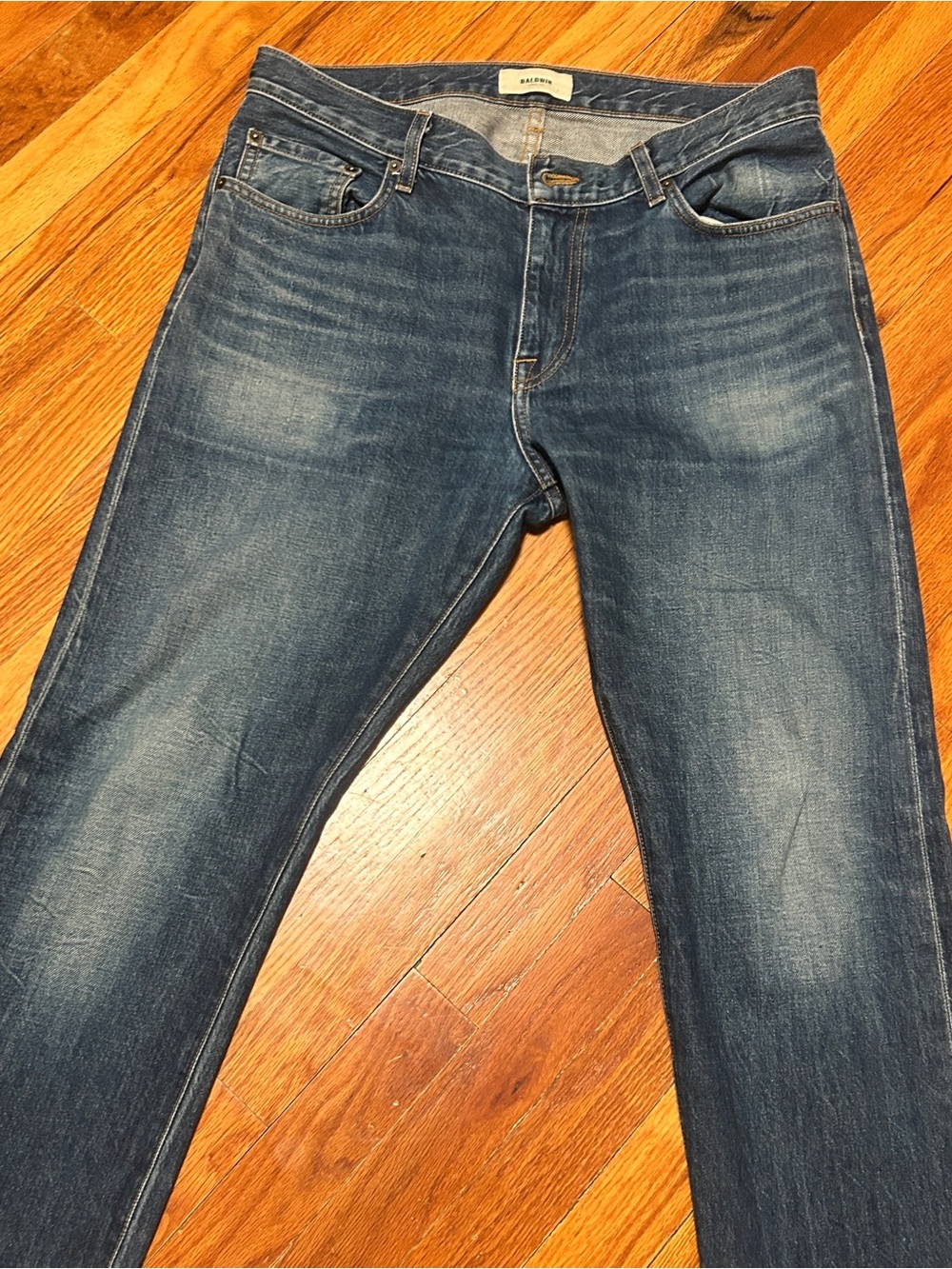 Baldwin Men’s Blue Denim Jeans Slim Straight Leg Medium Wash 5-Pocket Fits 34